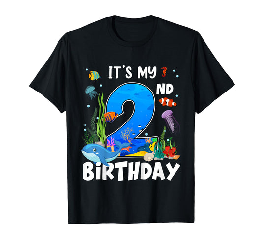 2 Year Old Ocean Life Whale Dolphin Shark 2nd Birthday T-Shirt