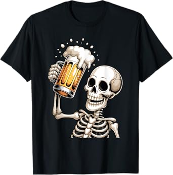 Funny Scary Skeleton Drinking Beer Halloween Trick or Treat T-Shirt