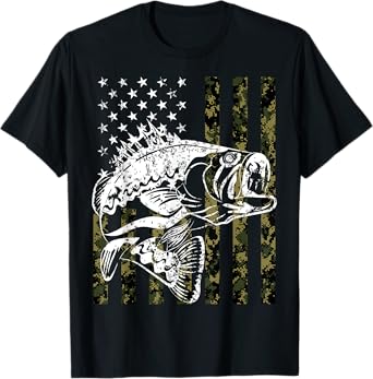 Fishing, Camouflage American Flag Fish, Bass Fish Fisherman T-Shirt