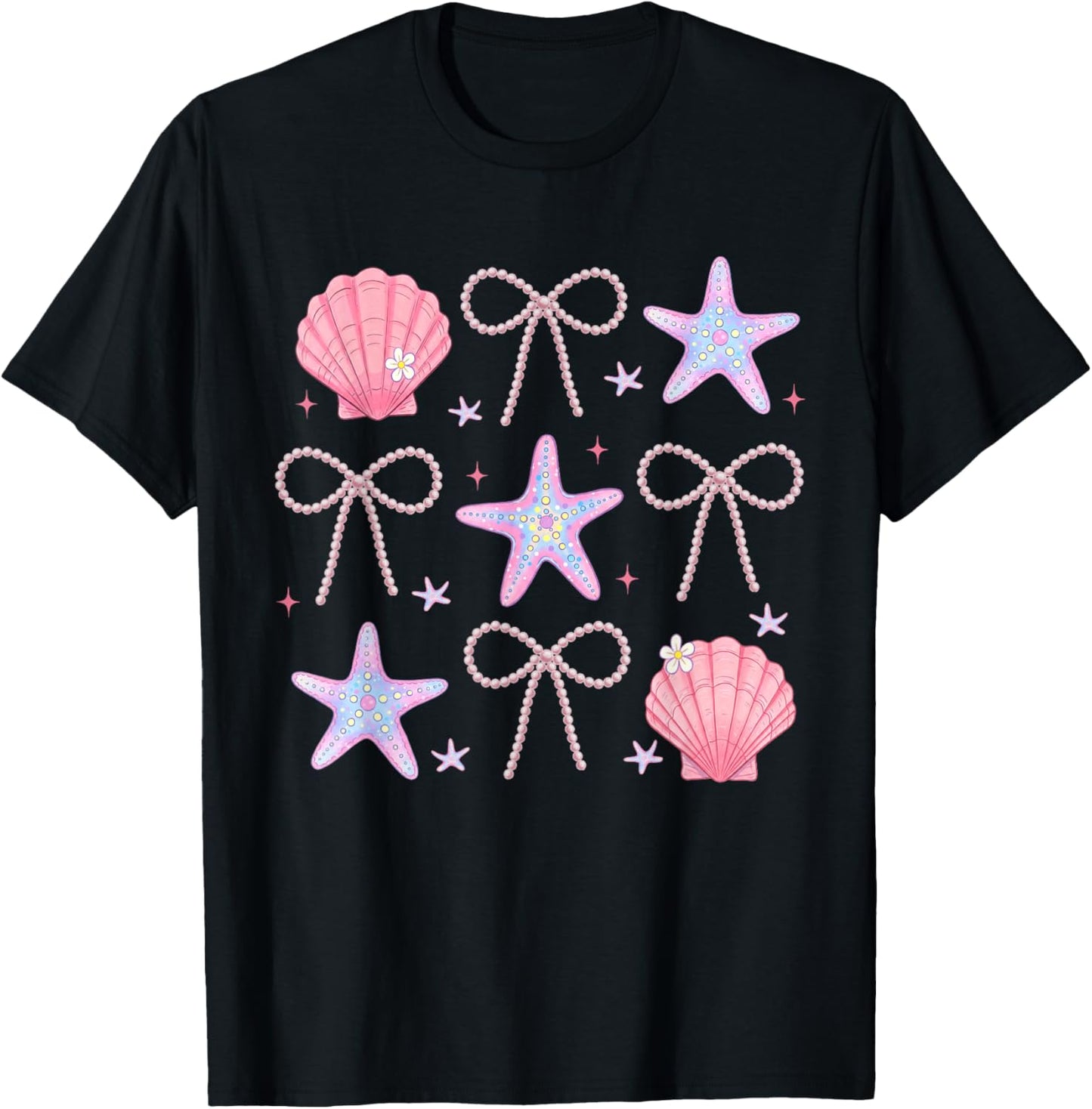 Summer Vibes Seashell Starfish Coquette Pearl Bow Coastal T-Shirt