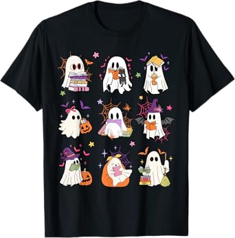 Funny Ghost Book Reading Halloween Books Lover Teacher Kids T-Shirt