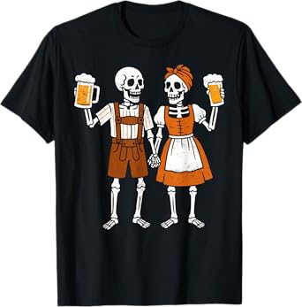 Oktoberfest Skeletons In Lederhosen Costume Drinking Beer T-Shirt