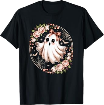 Coquette Bow Lace Ghost Floral Ghost Boo In Boojee Halloween T-Shirt