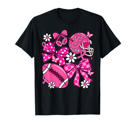 Coquette Bow Breast Cancer Awareness Football Pink Ribbon T-Shirt
