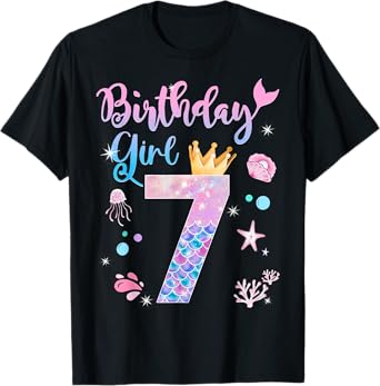 7th Birthday Girl Funny Birthday Mermaid Girl 7 Years Old T-Shirt