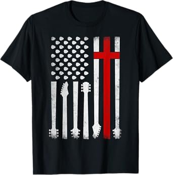 Vintage Guitar Cross US Flag Patriotic Christian Worship Women Kids Men T-Shirt