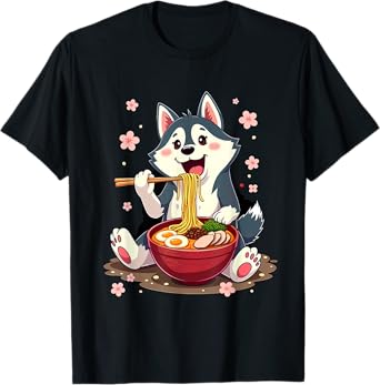 Otaku Husky Dog Ramen Noodles Unisex-Adult Anime Manga Kawaii Husky Dog Eating Ramen T-Shirt Black Small Classic Fit Short Sleeve Cotton Blend Machine Wash