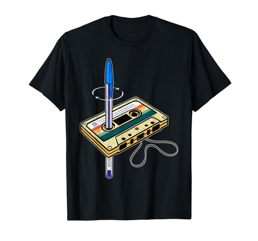 Cassette Pen Hack Retro 80s Old School Tape Fix Rewind Funny T-Shirt