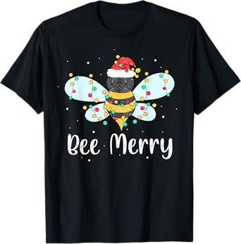 Bee Merry Christmas Cute Bee Xmas Lights Family Matching T-Shirt