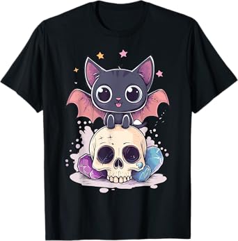 Pastel Goth Cat With Bat Wings Skull T-Shirt