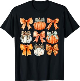 Coquette Bow Pumpkin Season Thanksgiving Autumn Fall Leaves T-Shirt