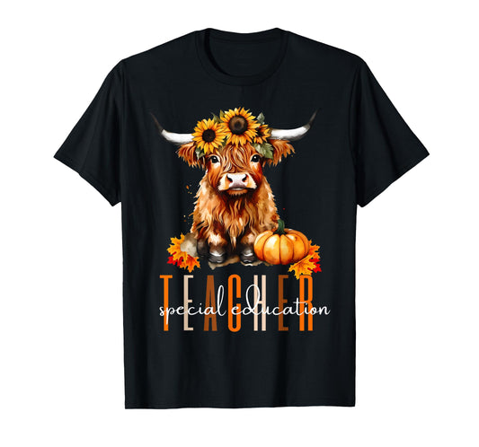 Fall Highland Cow Special Education Teacher Halloween Autumn T-Shirt for Men Women