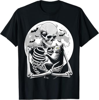 Cat skeleton Halloween skull skeleton holding cat Kitty moon Men Women Kids T-Shirt