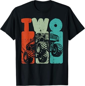 2nd Birthday Monster Truck Two Retro 2 Bday Toddler Boys Kid T-Shirt
