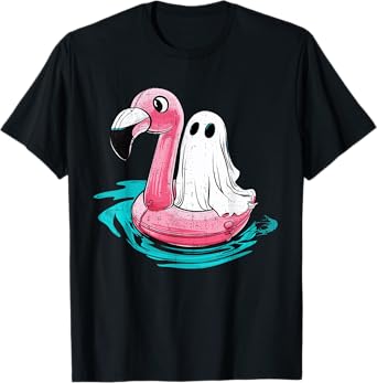 Ghost Boo On Flamingo Float Funny Halloween Summer Vibes T-Shirt