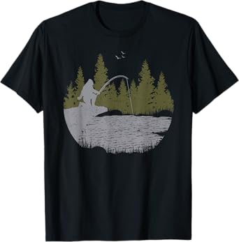 Funny Bigfoot Fishing Sasquatch & Trees Distressed Fisherman T-Shirt