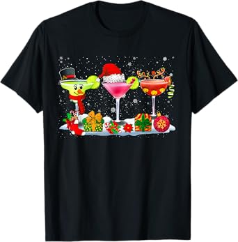 Three Santa Reindeer Snowman Glasses Of Cocktail Funny Xmas T-Shirt