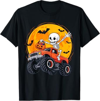 Skeleton Monster Truck Moon Pumpkin Halloween Boys Kids T-Shirt