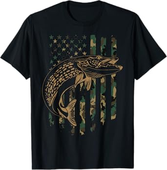 Pike Fishing American Flag Camouflage Muskie Fishing Camo T-Shirt