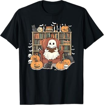 Ghost Library Halloween Book Reading Books Lover Teacher T-Shirt