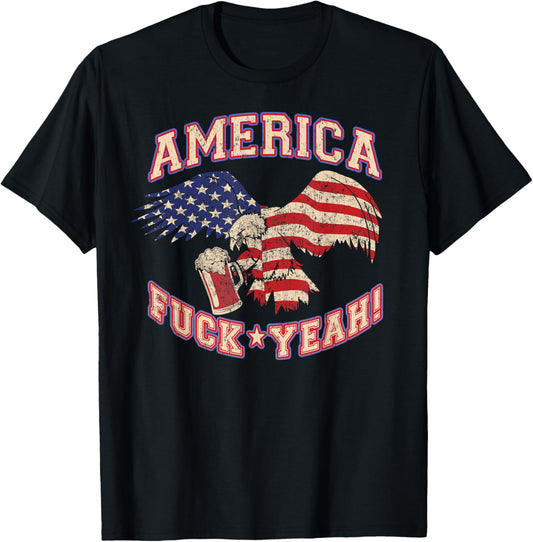 America Fuck Yeah Bald Eagle Beer 4th of July Vintage T-Shirt