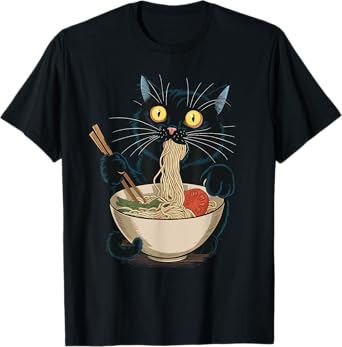 Funny Japanese Cat Eating Ramen Vintage Japanese Noodles T-Shirt