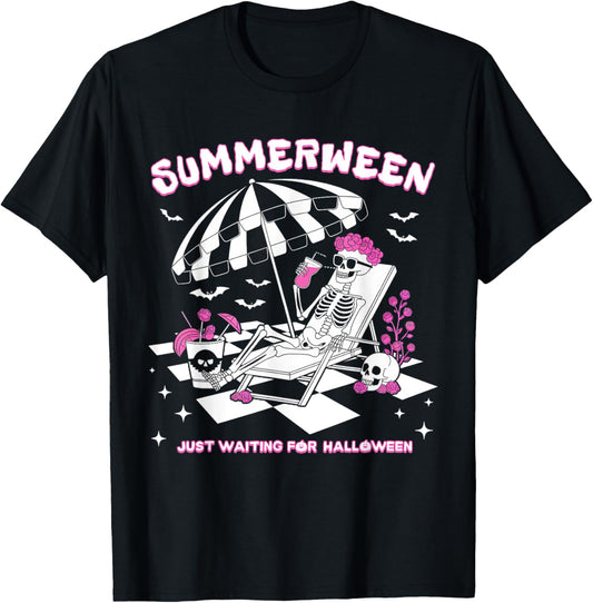 Summerween Just Waiting For Halloween Skeleton Beach T-Shirt