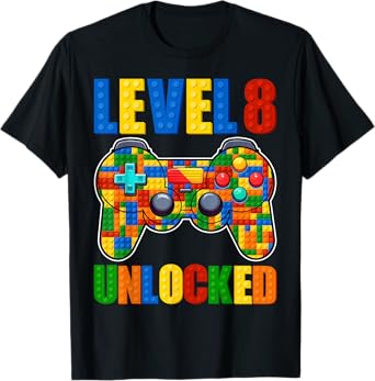 Level 8 Unlocked Building Blocks 8th Birthday Video Game Boy T-Shirt