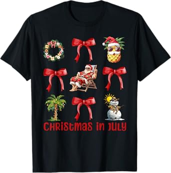 Christmas In July Coquette Bows Girls Kids Santa Summer Xmas T-Shirt