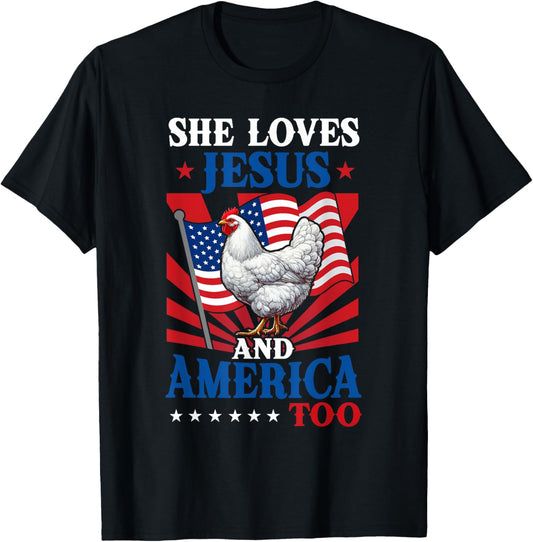 She Loves Jesus And America 4th Of July Us Flag Chicken T-shirt