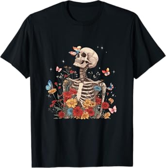 Skeleton Flowers Butterfly Floral Halloween Men Women T-Shirt