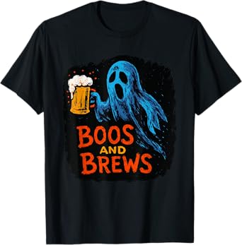 Boos and Brews Vintage Ghost with Beer Halloween Mixology T-Shirt