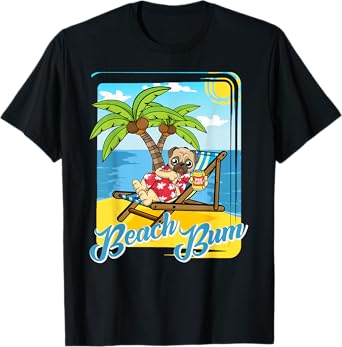 Beach Bum Pug Dog with Beer on Tropical Beach Vacation T-Shirt for Men Women