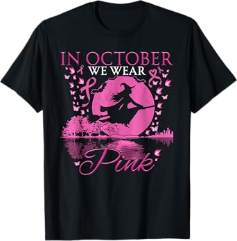 In October We Wear Pink Ribbon Halloween Witch Breast Cancer T-Shirt