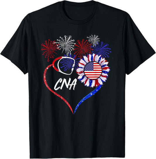 Patriotic Nurse CNA 4th Of July American Flag Sunflower Love T-Shirt