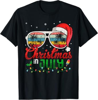 Christmas in July Shirts Women Men Kids Santa Hat Sunglasses T-Shirt