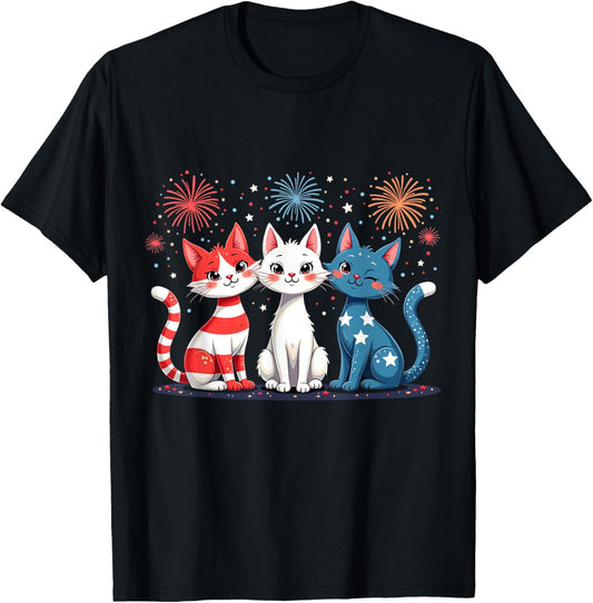 Red White Blue Cats Usa Flag Firework 4th Of July Men Women T-shirt