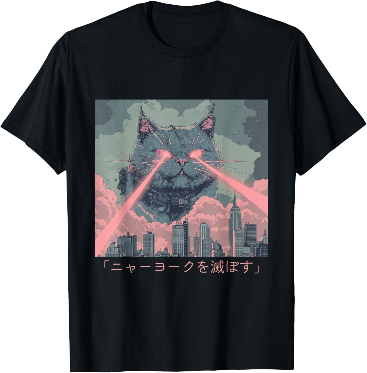 Giant Laser Cat Attack – Retro Anime-inspired Chaos Design T-shirt