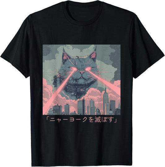 Giant Laser Cat Attack – Retro Anime-inspired Chaos Design T-shirt