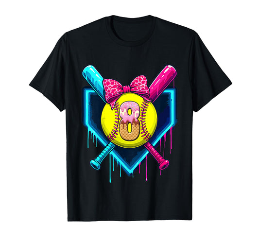 Softball 8 Years Old Ice Cream Drip 8th Birthday Girl T-Shirt