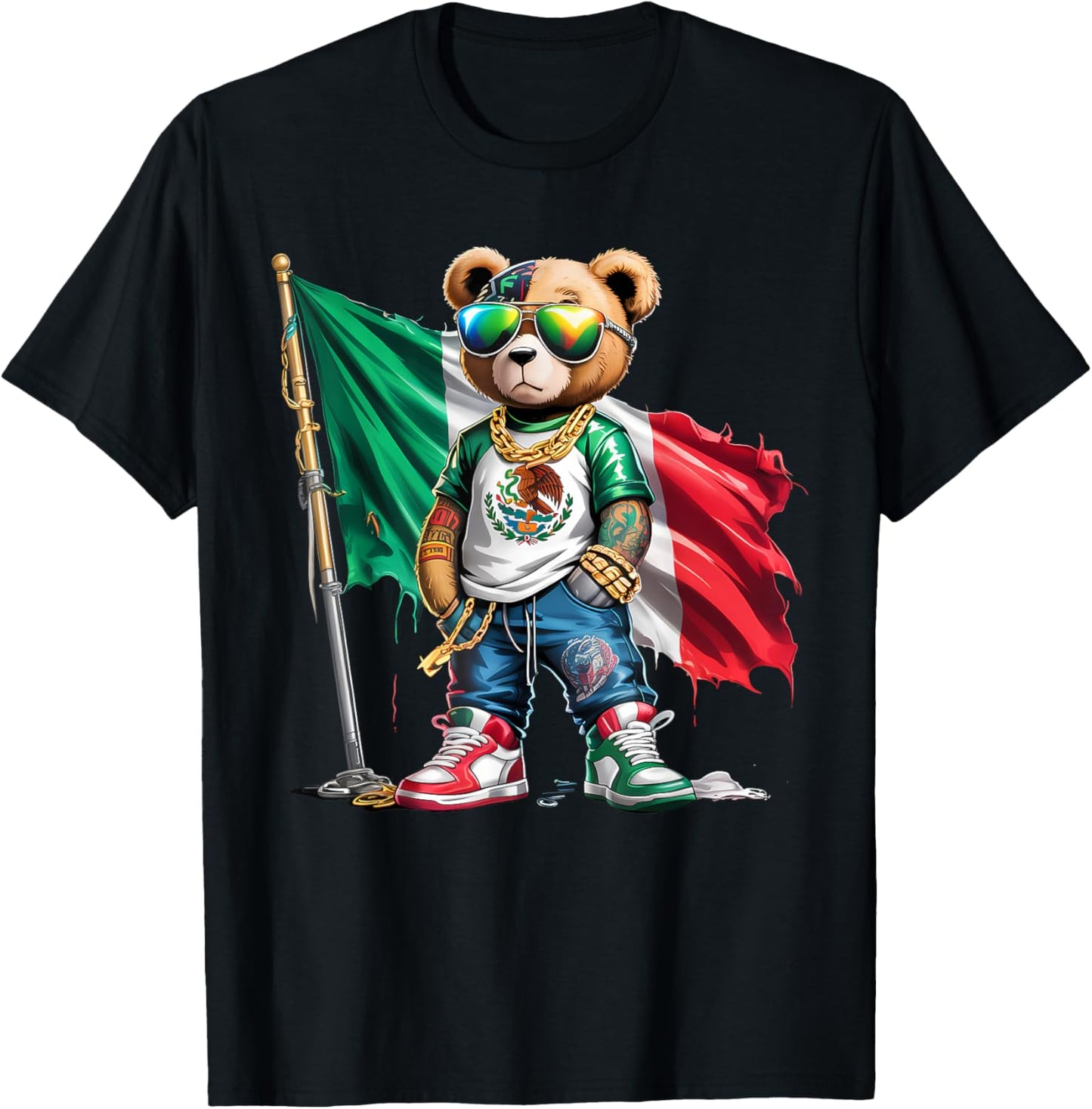 Stylish Teddy Bear Mexican Flag Mexico Hip Hop T-Shirt