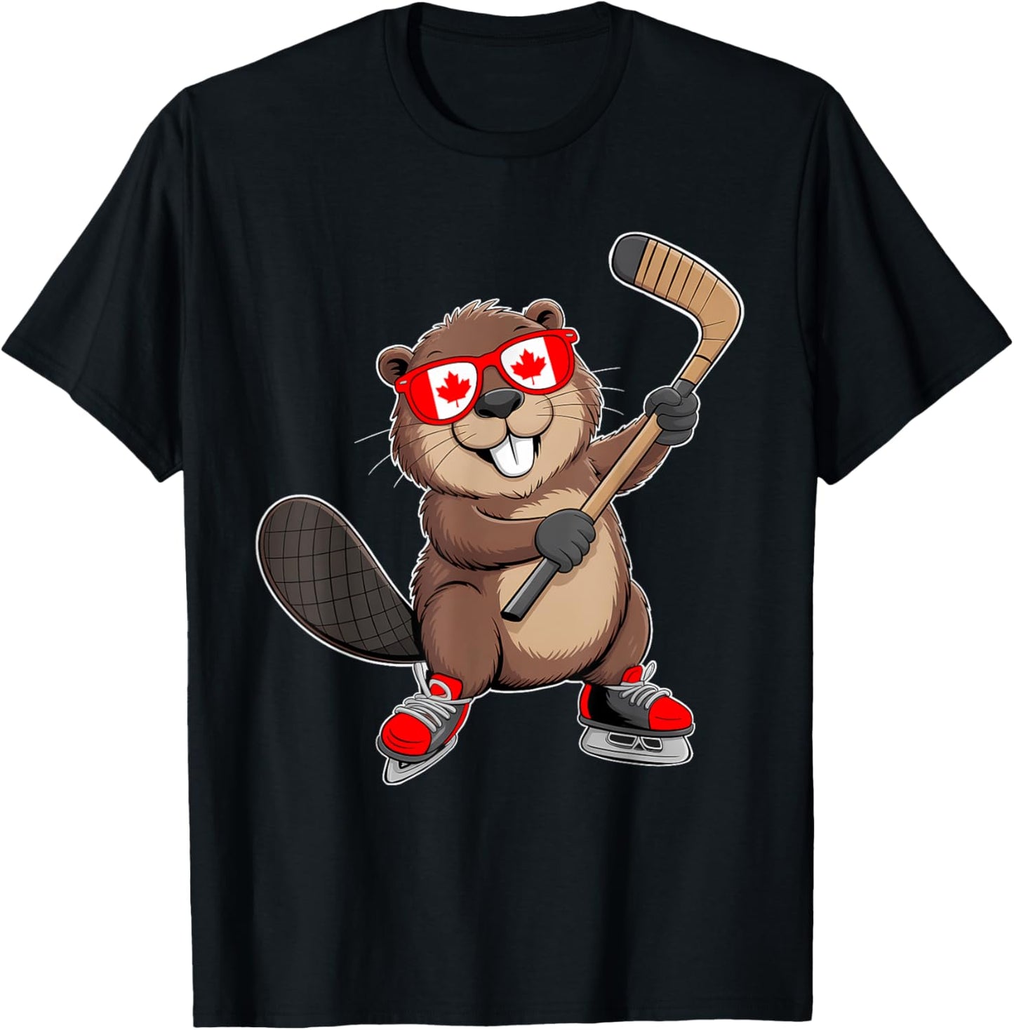 Beaver Ice Hockey Maple Leaf Canadian Flag Funny Canada Day T-Shirt