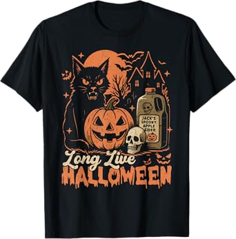 Long Live Halloween Funny Pumpkin Halloween Black Cat T-Shirt