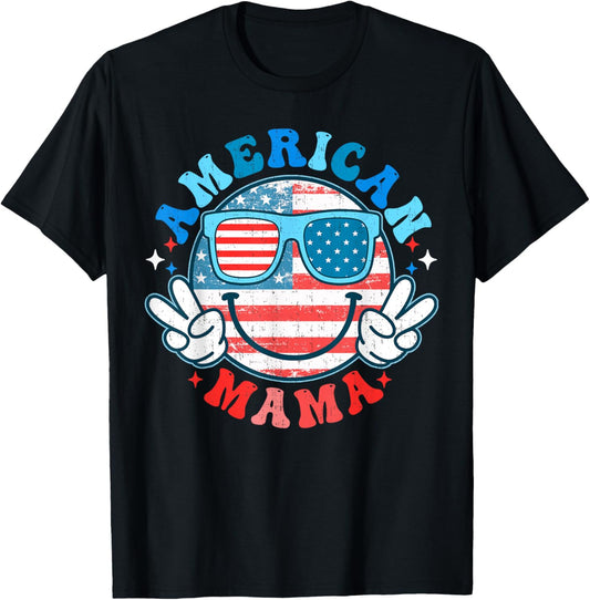 Retro American Mama Funny Usa Flag Face 4th Of July Women T-shirt