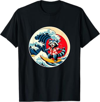 Great Wave Kanagawa Racoon Surfing T-Shirt