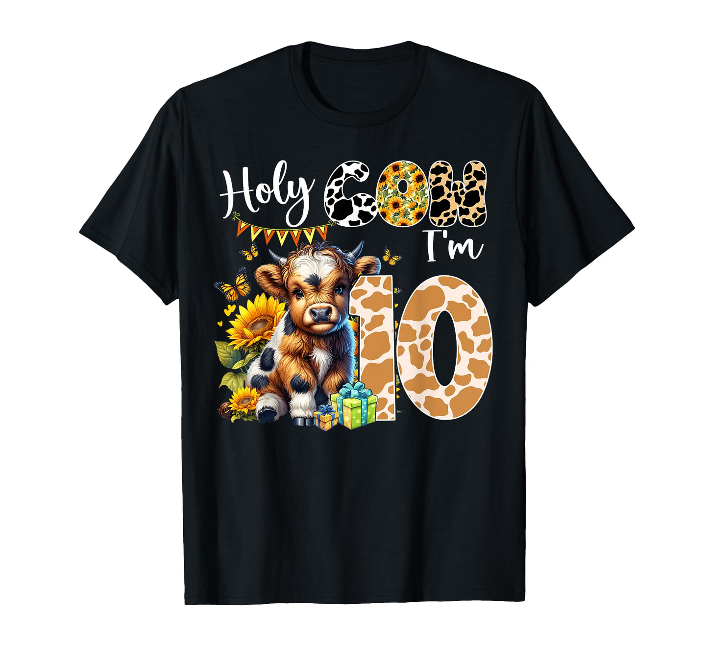 Holy Cow I’m 10 Years Old Dairy Cow Sunflowers 10th Birthday T-Shirt