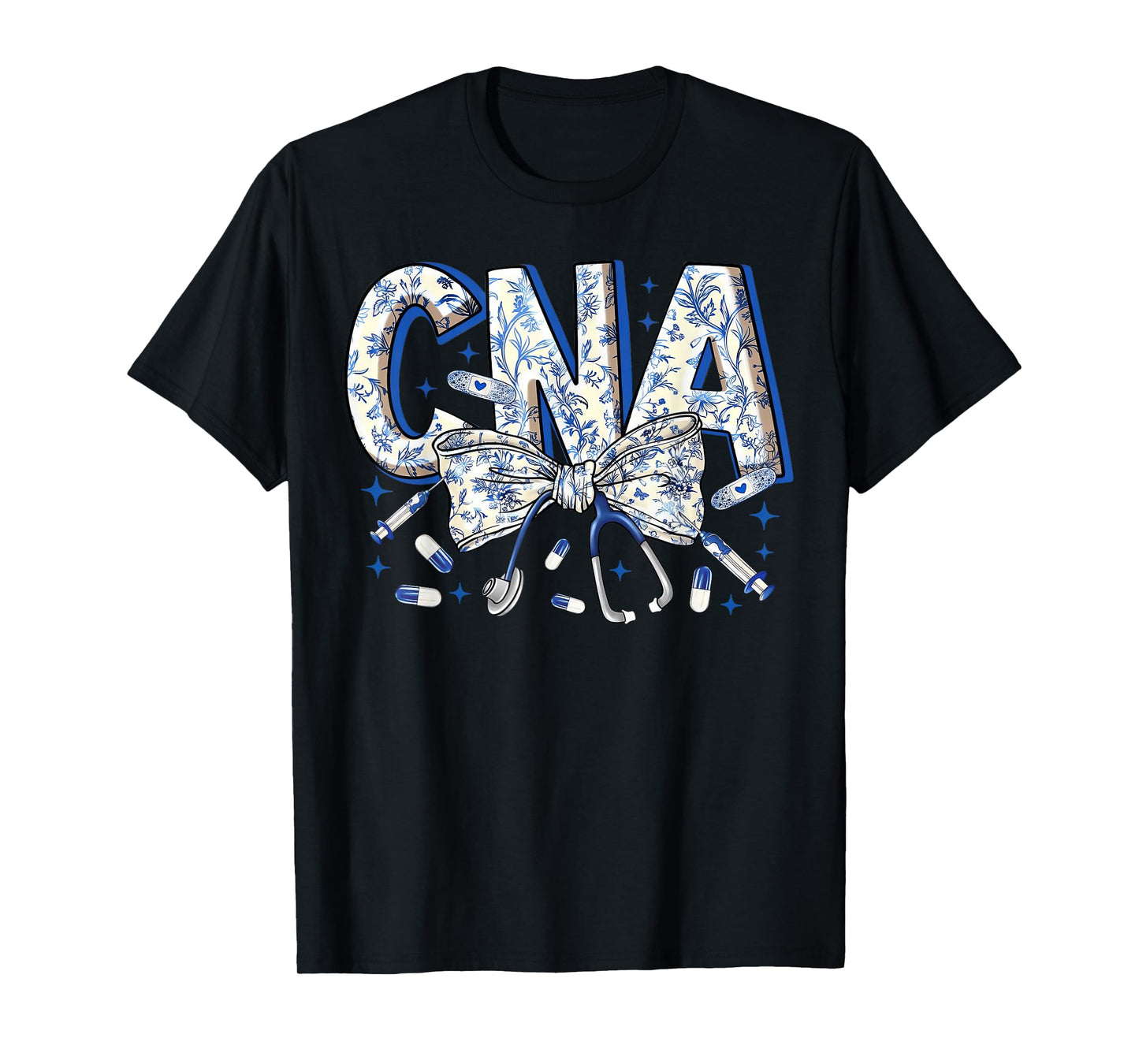 Coquette CNA Nurse Blue Floral Stethoscope Bow Cute Nurse T-Shirt