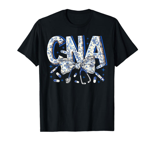 Coquette CNA Nurse Blue Floral Stethoscope Bow Cute Nurse T-Shirt