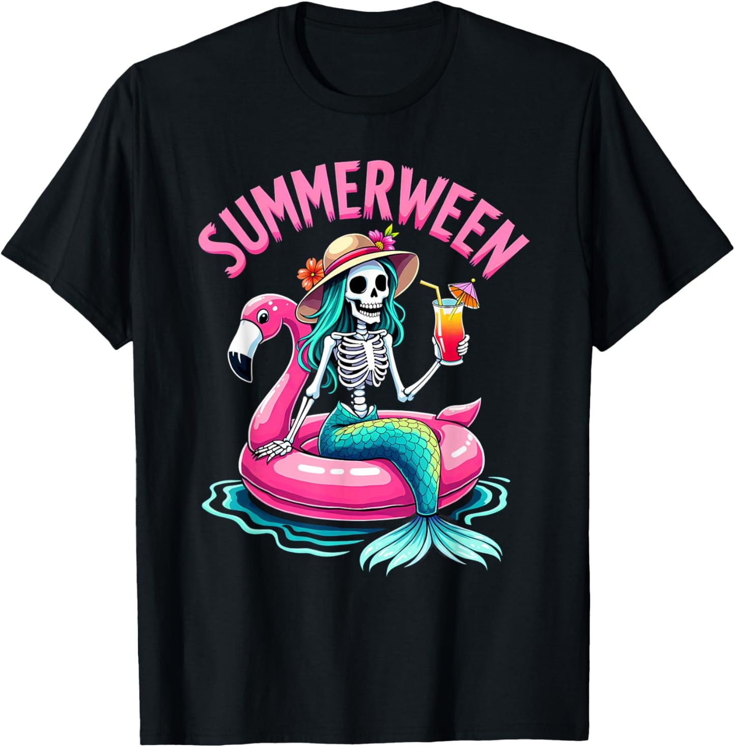 Summerween Mermaid Skeleton Beach Flamingo Halloween Girl T-Shirt