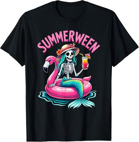 Summerween Mermaid Skeleton Beach Flamingo Halloween Girl T-Shirt